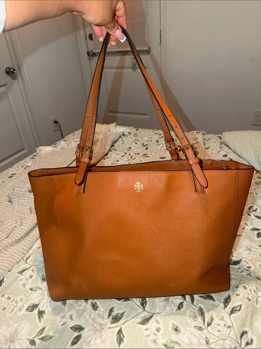 Tory Burch Cognac Leather Tote with Gold Logo